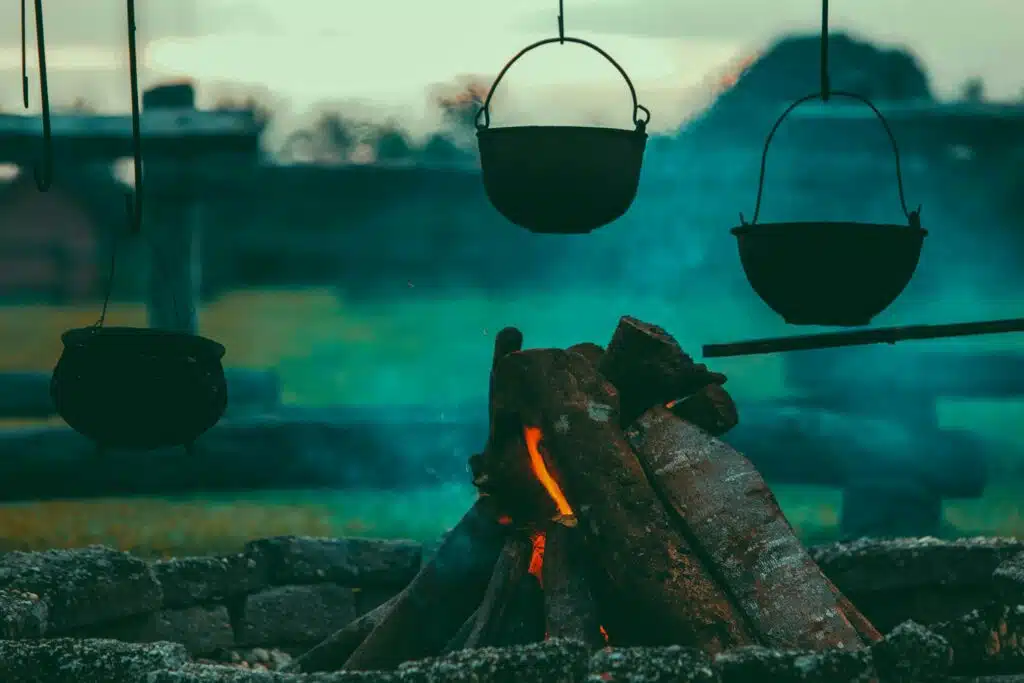 pots hanging around the firepit