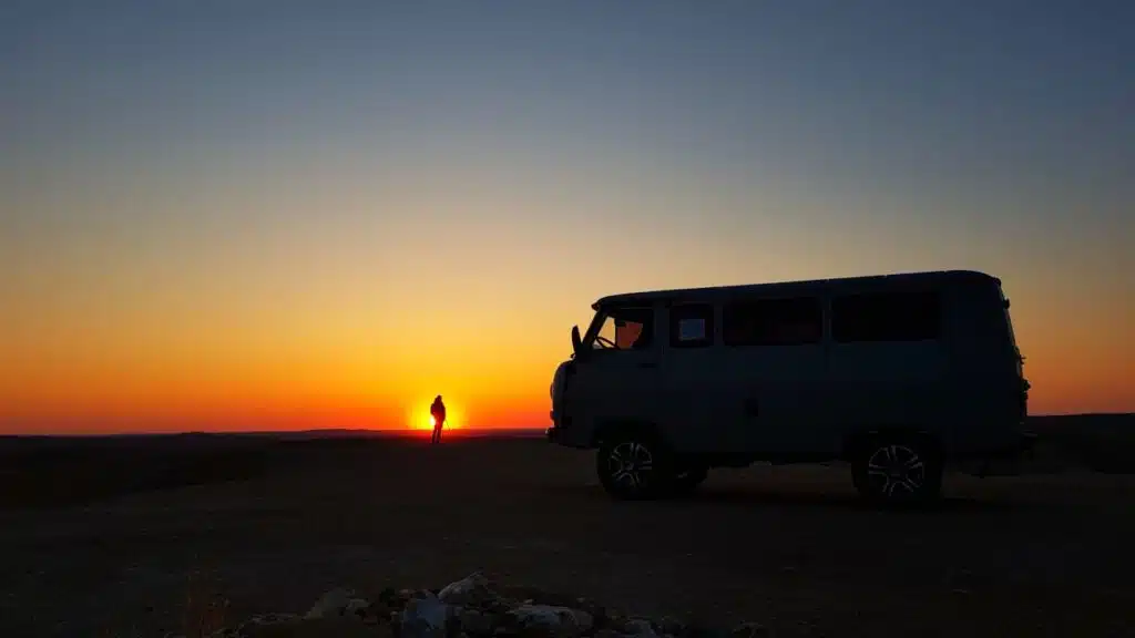 A silhouette of a man and a campervan against a sunset backdrop.