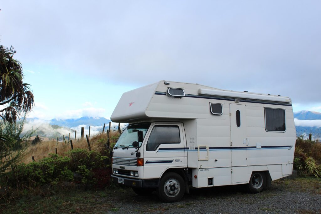 White RV in the mountain