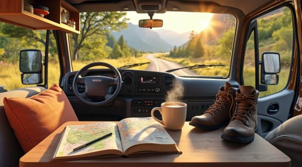 camper van road trip with map, boots, and coffee