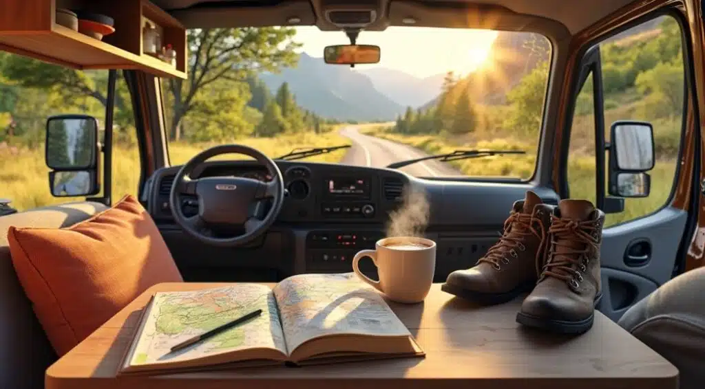 camper van road trip with map, boots, and coffee