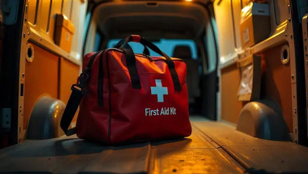 vanlife emergency first aid kit inside camper van