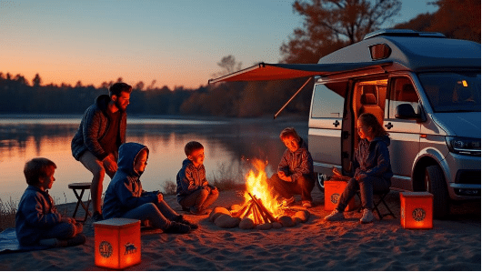 Family campfire lakeshore scene