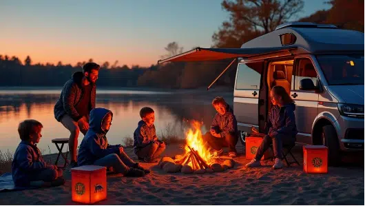 Family campfire lakeshore scene